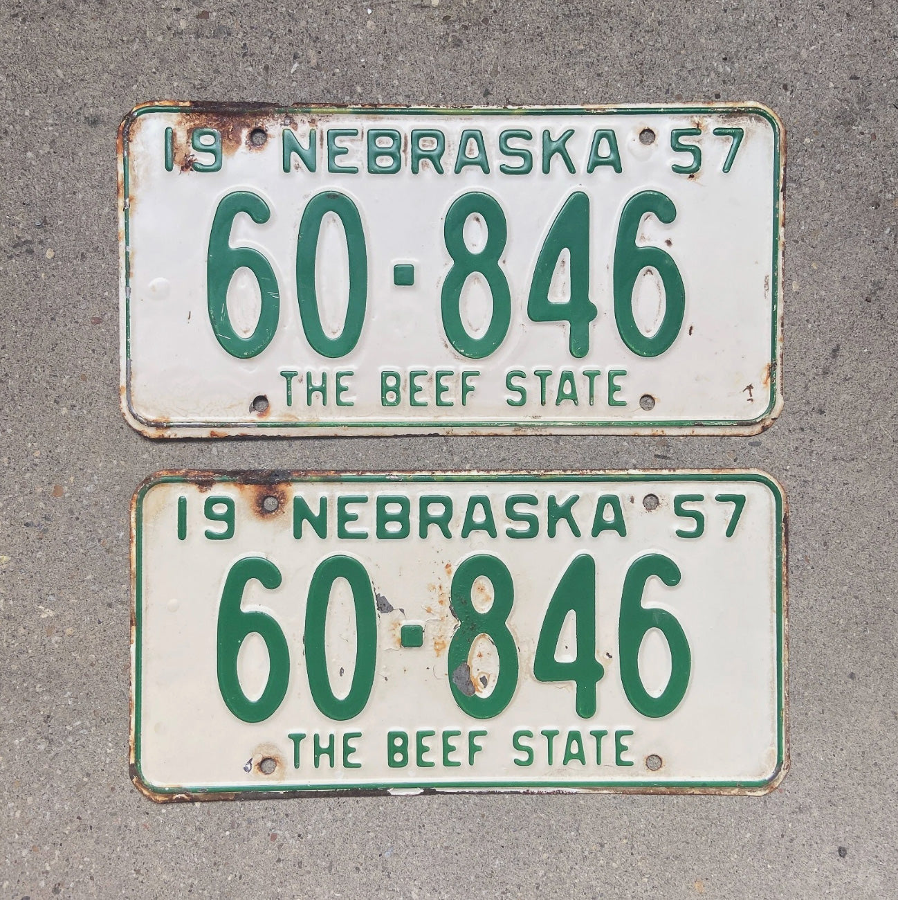 Photo of a 1957 Nebraska License Plate Pair Auto Tag Garage Decor Vintage The Beef State 60 846 with original patina