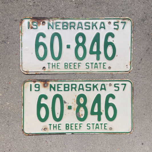 Photo of a 1957 Nebraska License Plate Pair Auto Tag Garage Decor Vintage The Beef State 60 846 with original patina