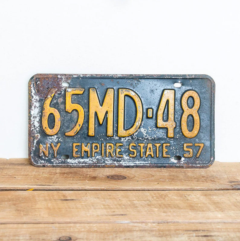 Photo of a 1957 New York Doctor License Plate Auto Tag Garage Decor Vintage Medicine Medical 65 MD 48 with original patina