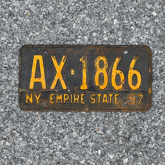 Photo of a 1957 New York License Plate Auto Tag Garage Decor Vintage AX 1866