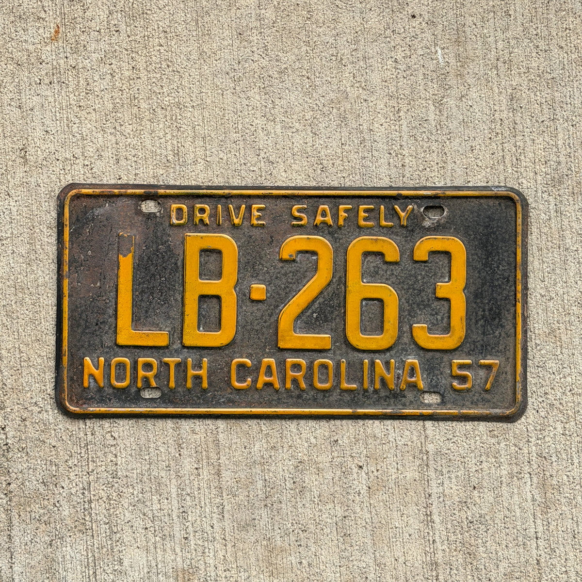 Photo of a 1957 North Carolina License Plate Auto Tag Garage Decor Vintage LB 263 with original patina