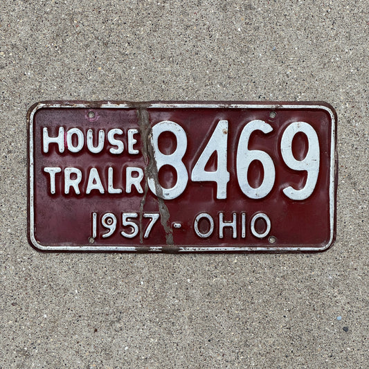 Photo of a 1957 Ohio House Trailer License Plate Auto Tag Garage Decor Vintage 8469 with original patina