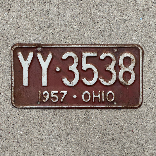 Photo of a 1957 Ohio License Plate Auto Tag Garage Decor Vintage YY 3538 with original patina