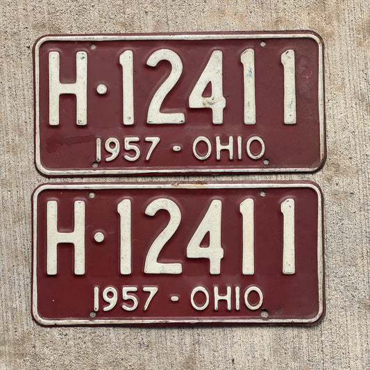 Photo of a 1957 Ohio License Plate Pair Auto Tag Garage Decor Vintage H 12411 with original patina