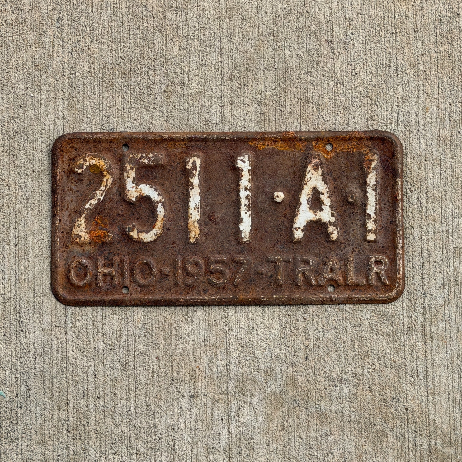 Photo of a 1957 Ohio Trailer License Plate Auto Tag Garage Decor Vintage 2511 A 1 with original patina