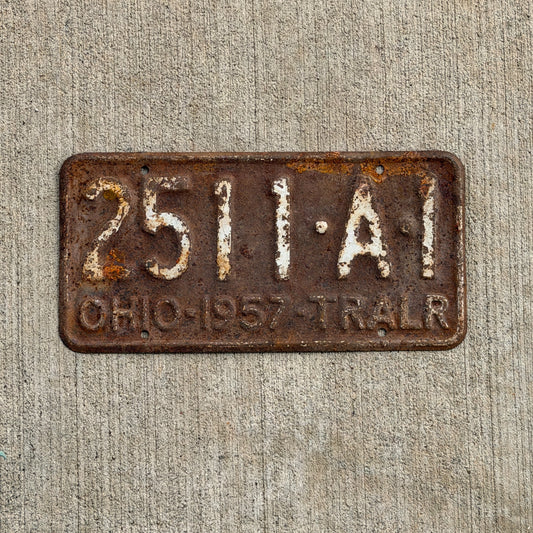 Photo of a 1957 Ohio Trailer License Plate Auto Tag Garage Decor Vintage 2511 A 1 with original patina
