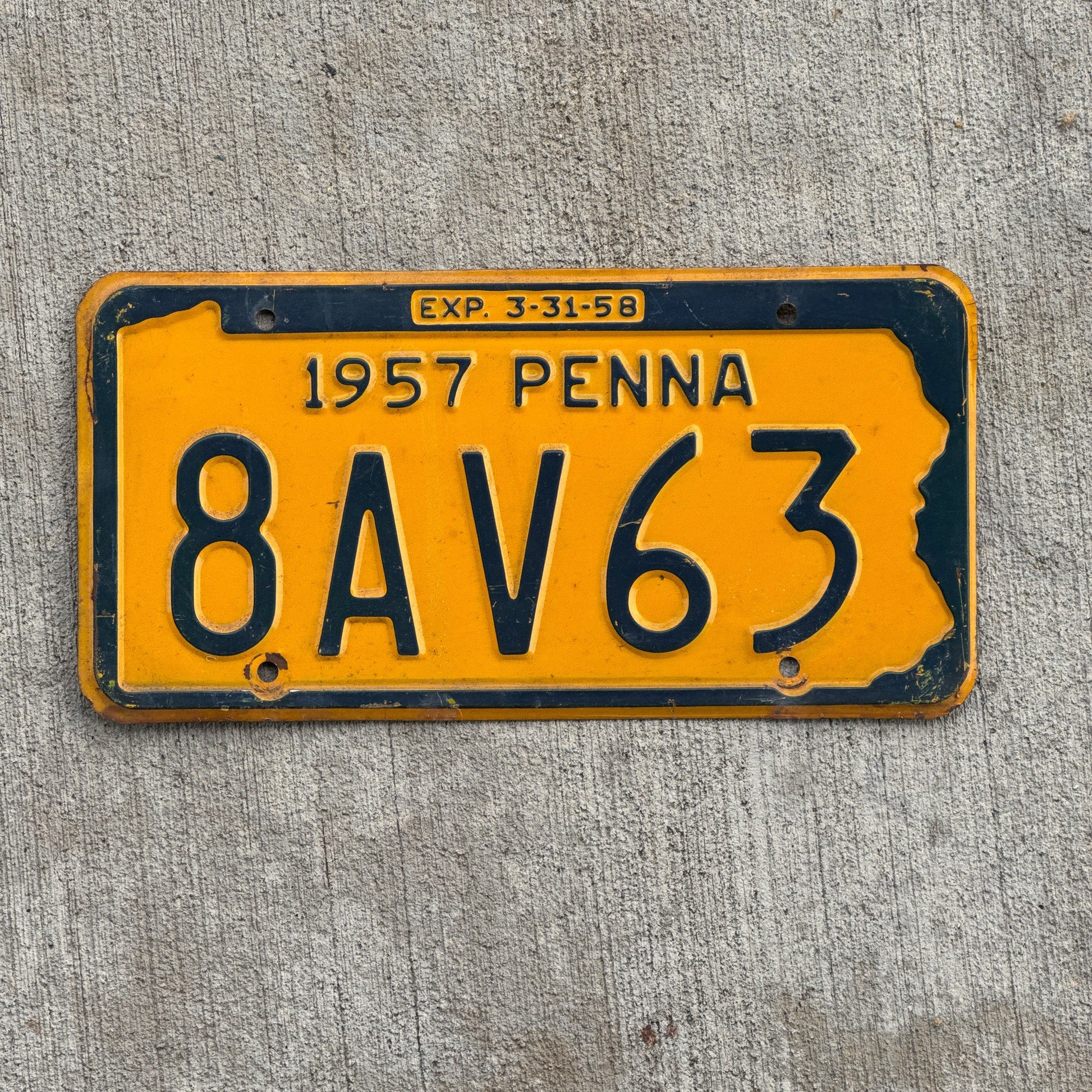 Photo of a 1957 Pennsylvania License Plate Auto Tag Garage Decor Vintage 8 AV 63 with original patina