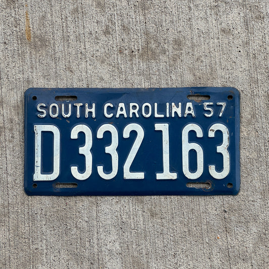 Photo of a 1957 South Carolina License Plate Auto Tag Garage Decor Vintage D 332 163 with original patina