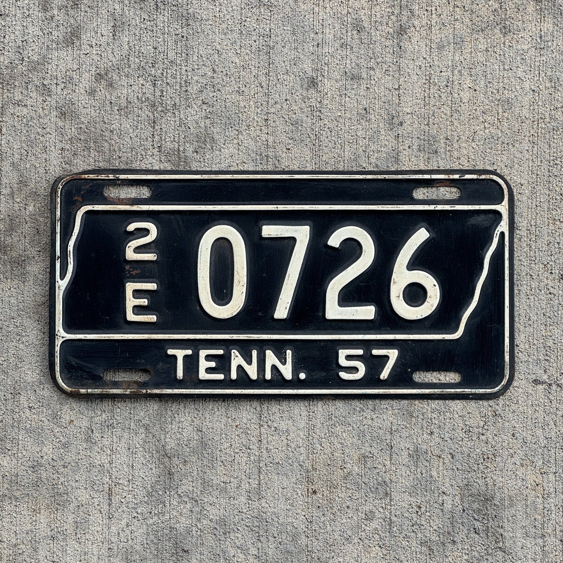 Photo of a 1957 Tennessee License Plate Auto Tag Garage Decor Vintage 2E 0726 with original patina