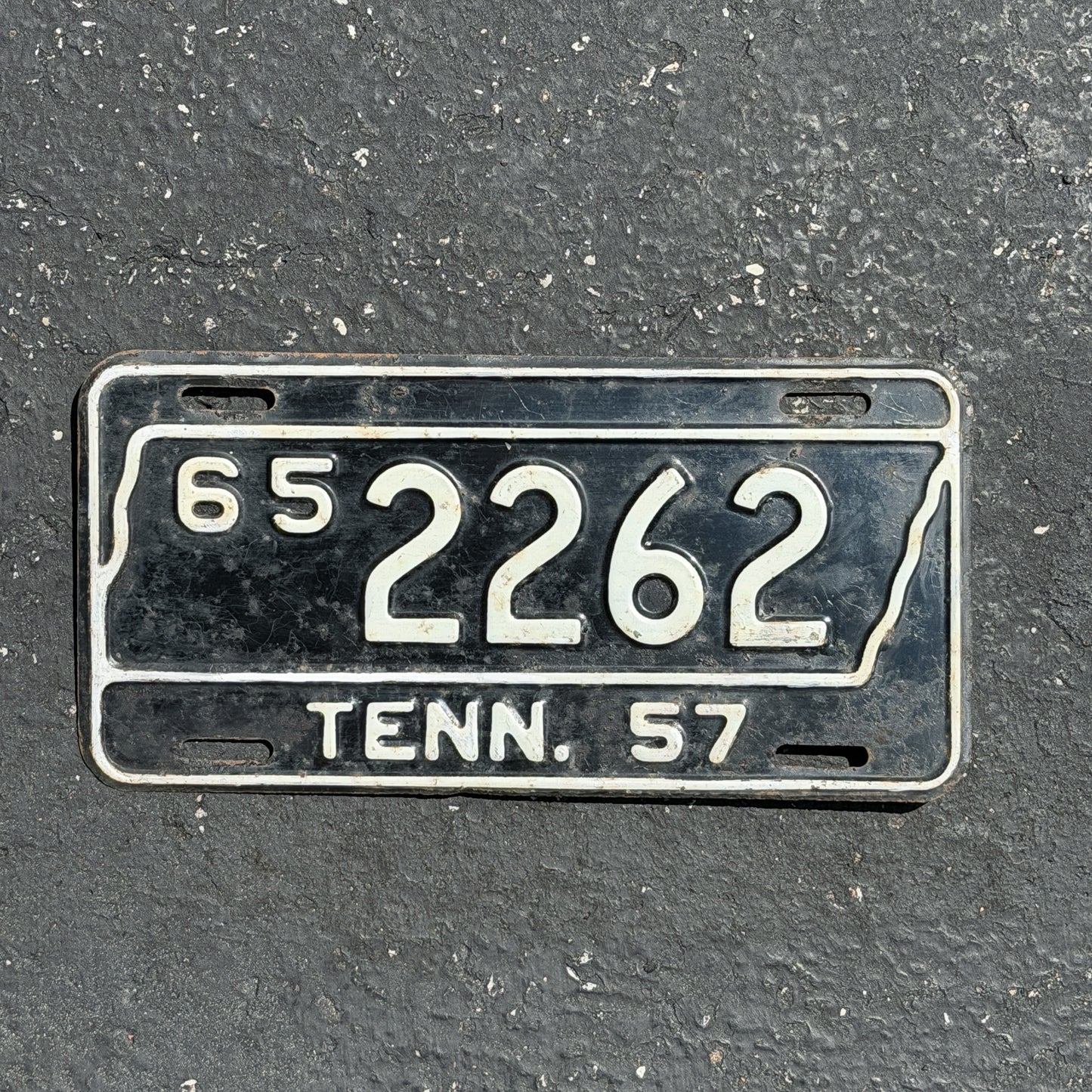 Photo of a 1957 Tennessee License Plate Auto Tag Garage Decor Vintage 65 2262 with original patina