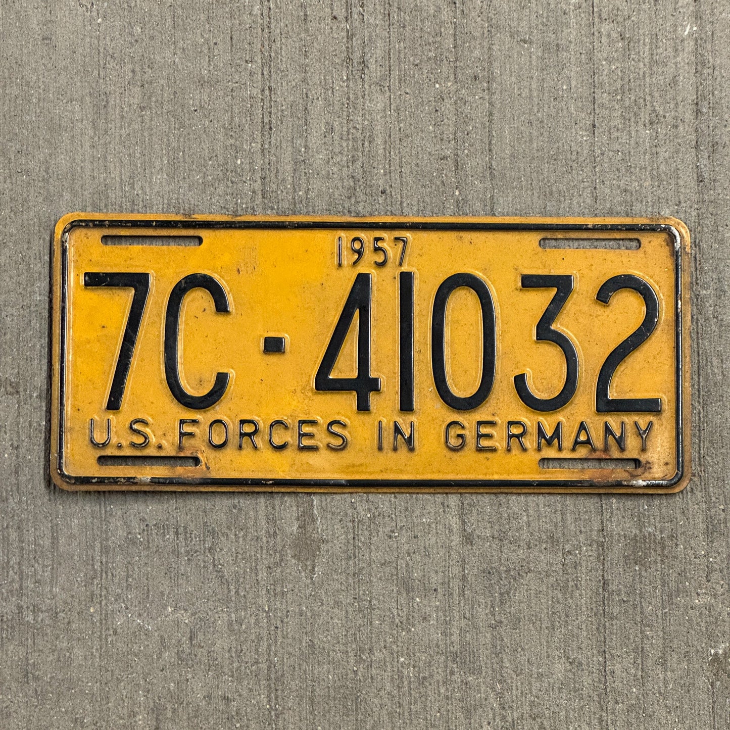 Photo of a 1957 US Forces Germany License Plate Auto Tag Garage Decor Vintage 7C 41032 with original patina