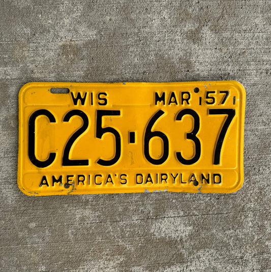 Photo of a 1957 Wisconsin License Plate Auto Tag Garage Decor Vintage C 25 637 with original patina