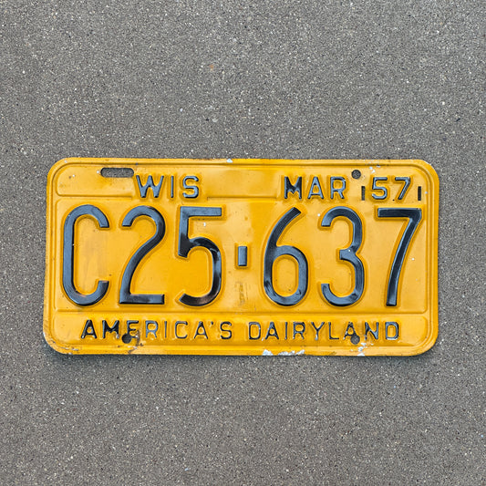 Photo of a 1957 Wisconsin License Plate Auto Tag Garage Decor Vintage C25 637 with original patina