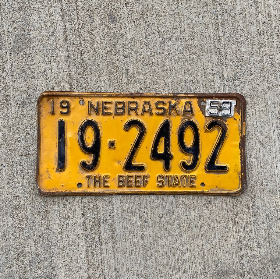 Photo of a 1958 1959 Nebraska License Plate Auto Tag Garage Decor Vintage 19 2492 with original patina