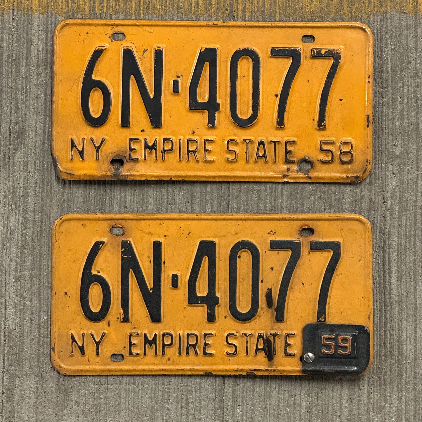 Photo of a 1958 1959 New York License Plate Pair Auto Tag Garage Decor Vintage 6N 4077 with original patina