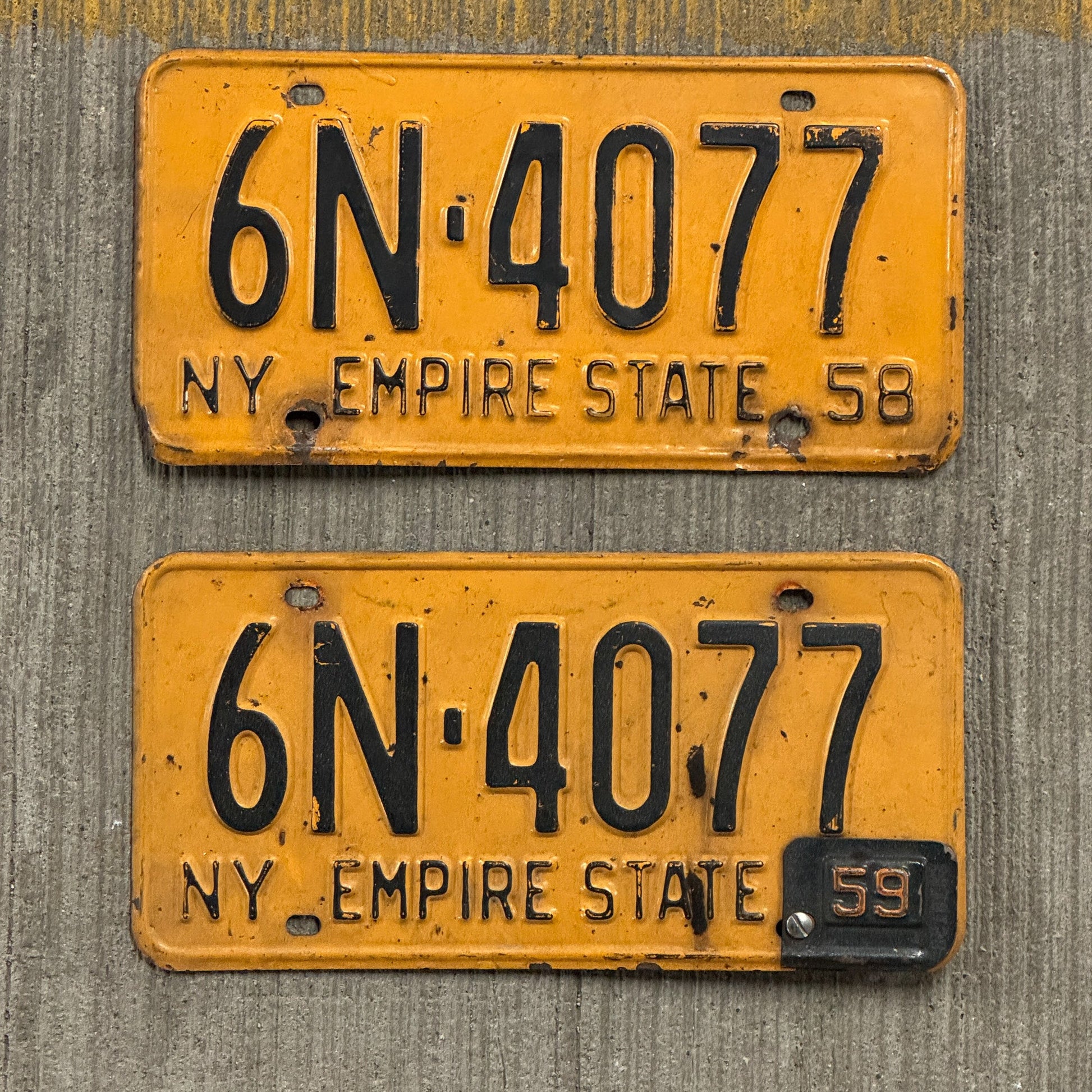 Photo of a 1958 1959 New York License Plate Pair Auto Tag Garage Decor Vintage 6N 4077 with original patina