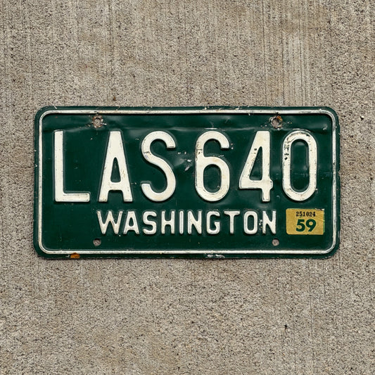 Photo of a 1958 1959 Washington License Plate Auto Tag Garage Decor Vintage YOM DMV Clear LAS 640 with original patina