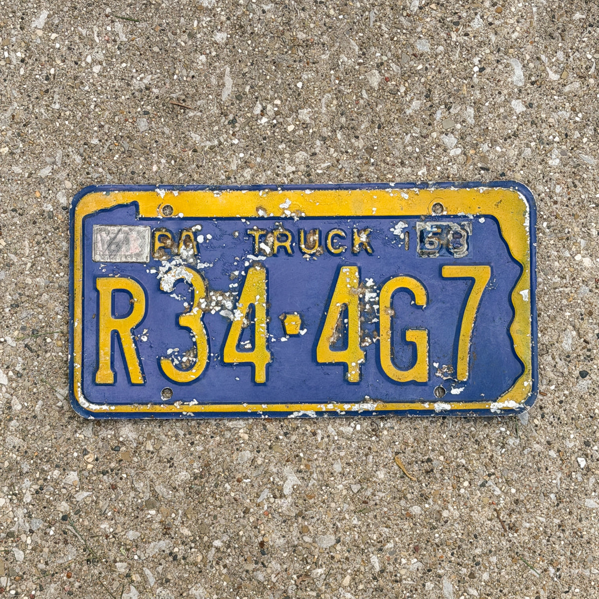Photo of a 1958 1961 Pennsylvania Truck License Plate Auto Tag Garage Decor Vintage R34 4G7 with original patina