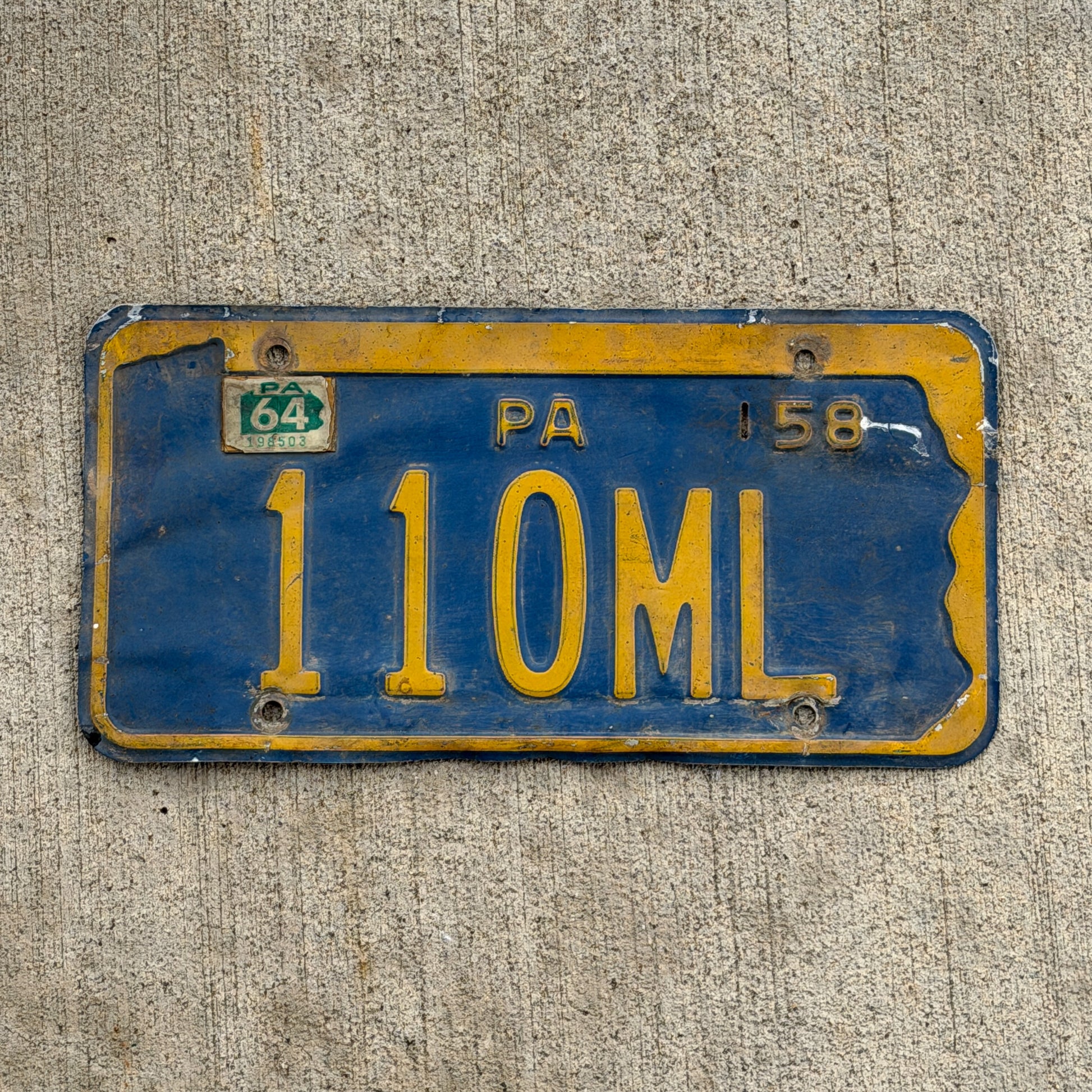 Photo of a 1958 1964 Pennsylvania License Plate Auto Tag Garage Decor Vintage 110 ML with original patina