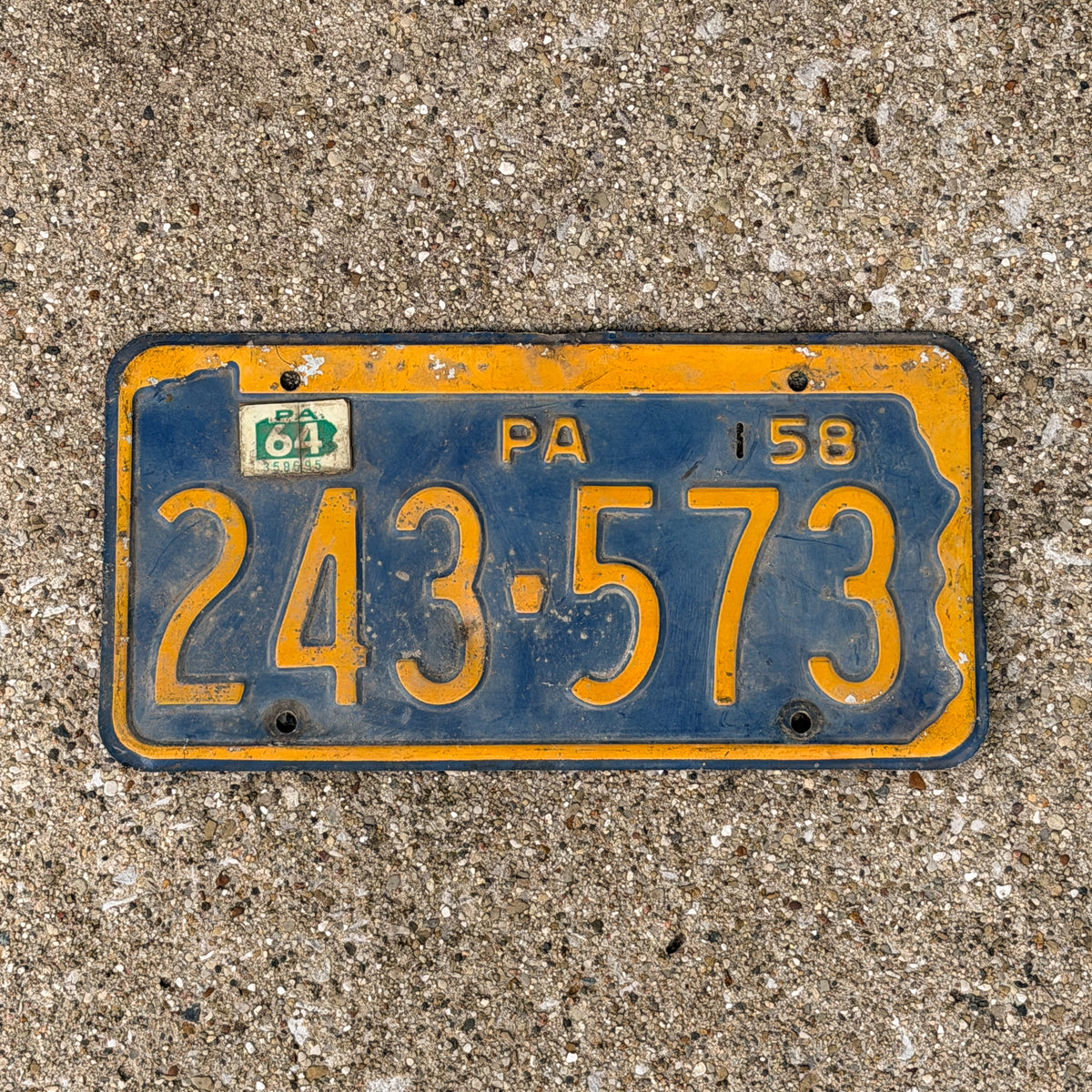Photo of a 1958 1964 Pennsylvania License Plate Auto Tag Garage Decor Vintage 243 573 with original patina