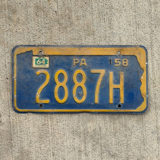 Photo of a 1958 1964 Pennsylvania License Plate Auto Tag Garage Decor Vintage 2887 H with original patina