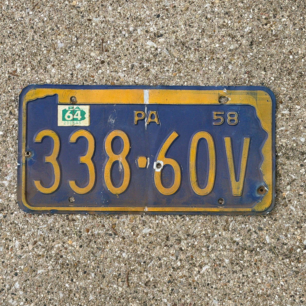 Photo of a 1958 1964 Pennsylvania License Plate Auto Tag Garage Decor Vintage 338 60V with original patina