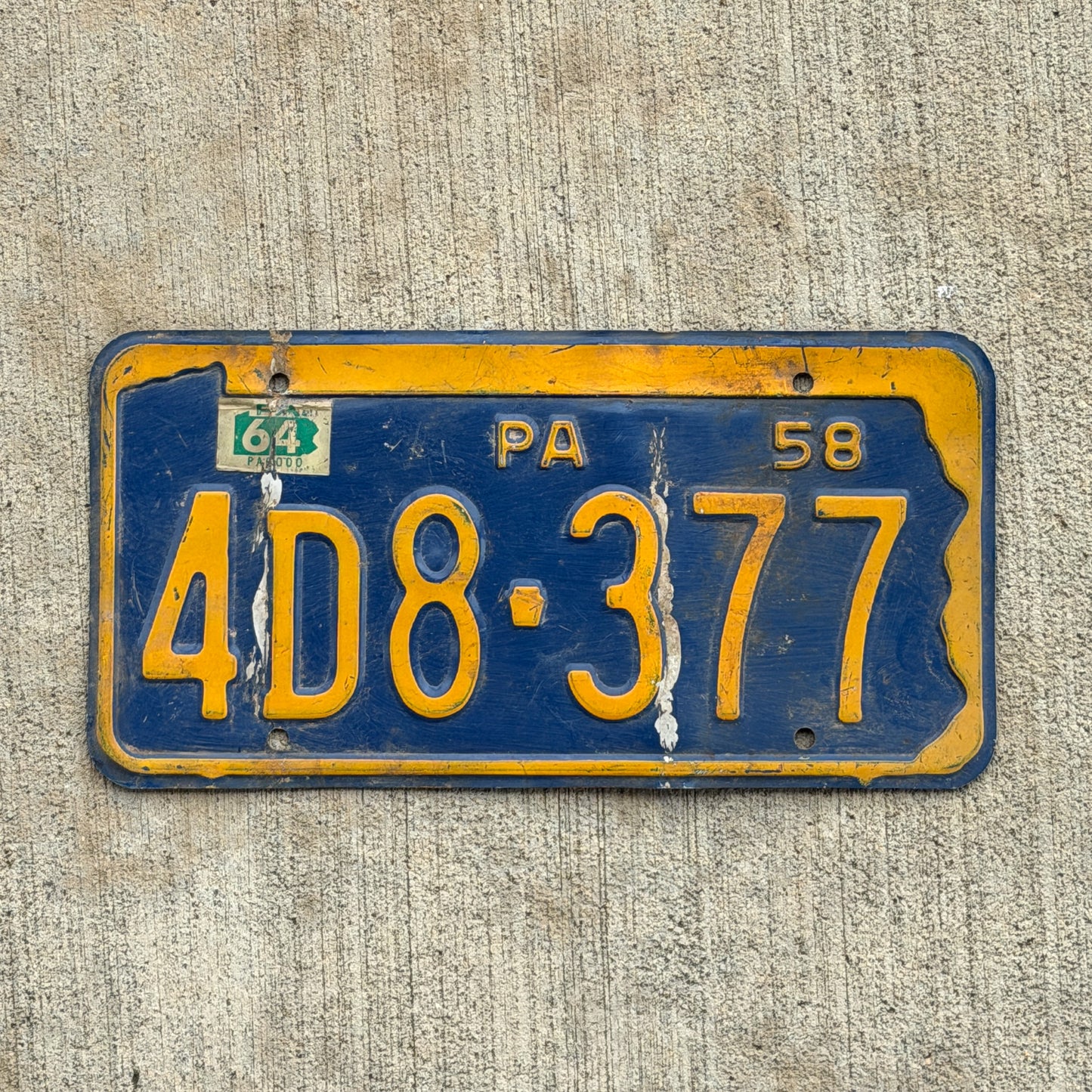 Photo of a 1958 1964 Pennsylvania License Plate Auto Tag Garage Decor Vintage 4D8 377 with original patina