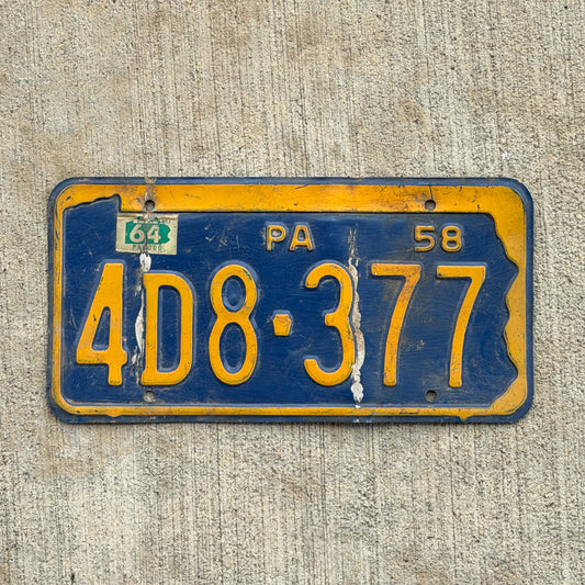 Photo of a 1958 1964 Pennsylvania License Plate Auto Tag Garage Decor Vintage 4D8 377 with original patina