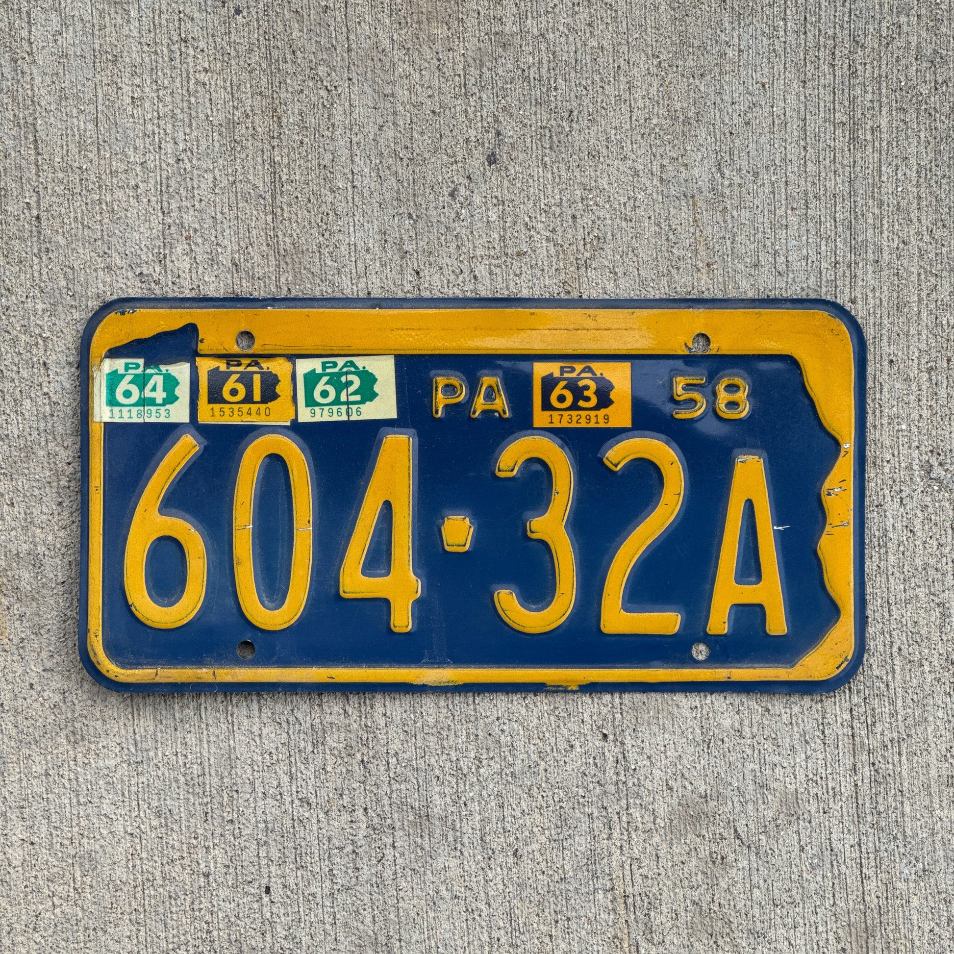 Photo of a 1958 1964 Pennsylvania License Plate Auto Tag Garage Decor Vintage 604 32A with original patina