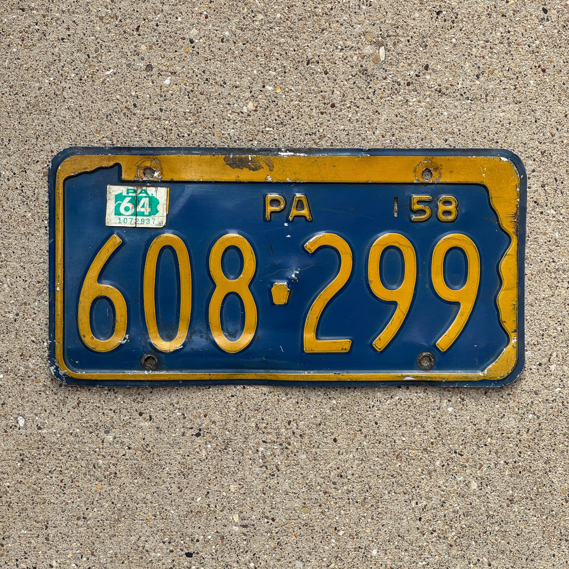 Photo of a 1958 1964 Pennsylvania License Plate Auto Tag Garage Decor Vintage 608 299 with original patina