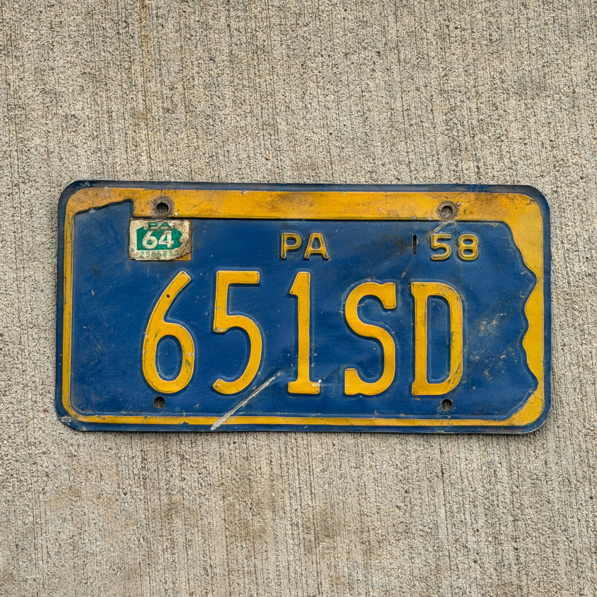Photo of a 1958 1964 Pennsylvania License Plate Auto Tag Garage Decor Vintage 651 SD with original patina