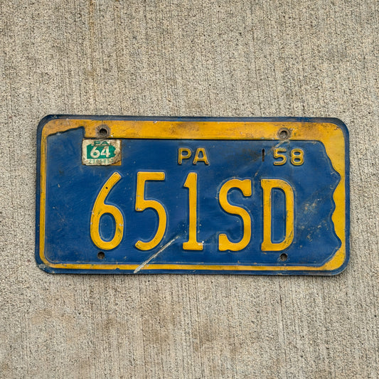 Photo of a 1958 1964 Pennsylvania License Plate Auto Tag Garage Decor Vintage 651 SD with original patina