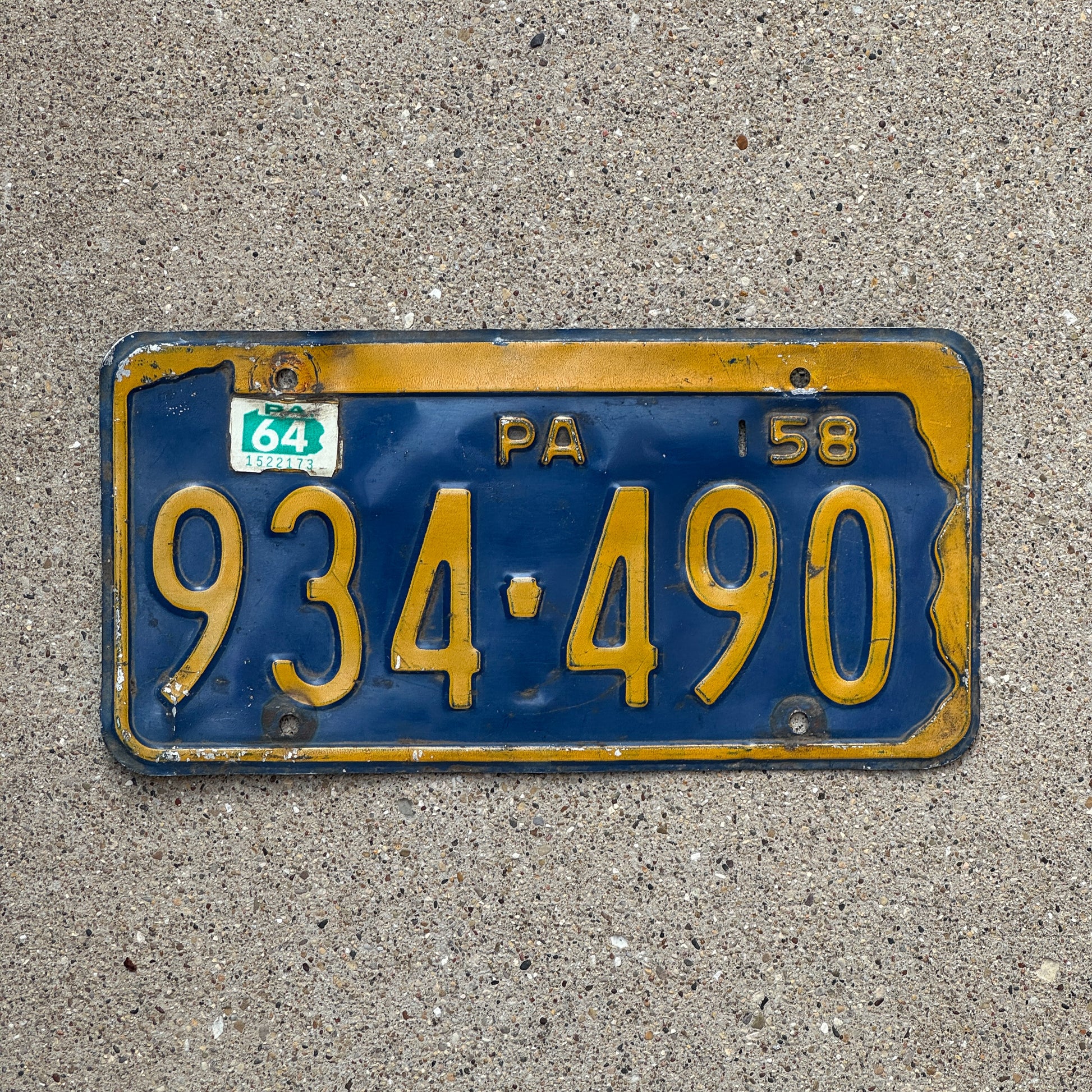 Photo of a 1958 1964 Pennsylvania License Plate Auto Tag Garage Decor Vintage 934 490 with original patina