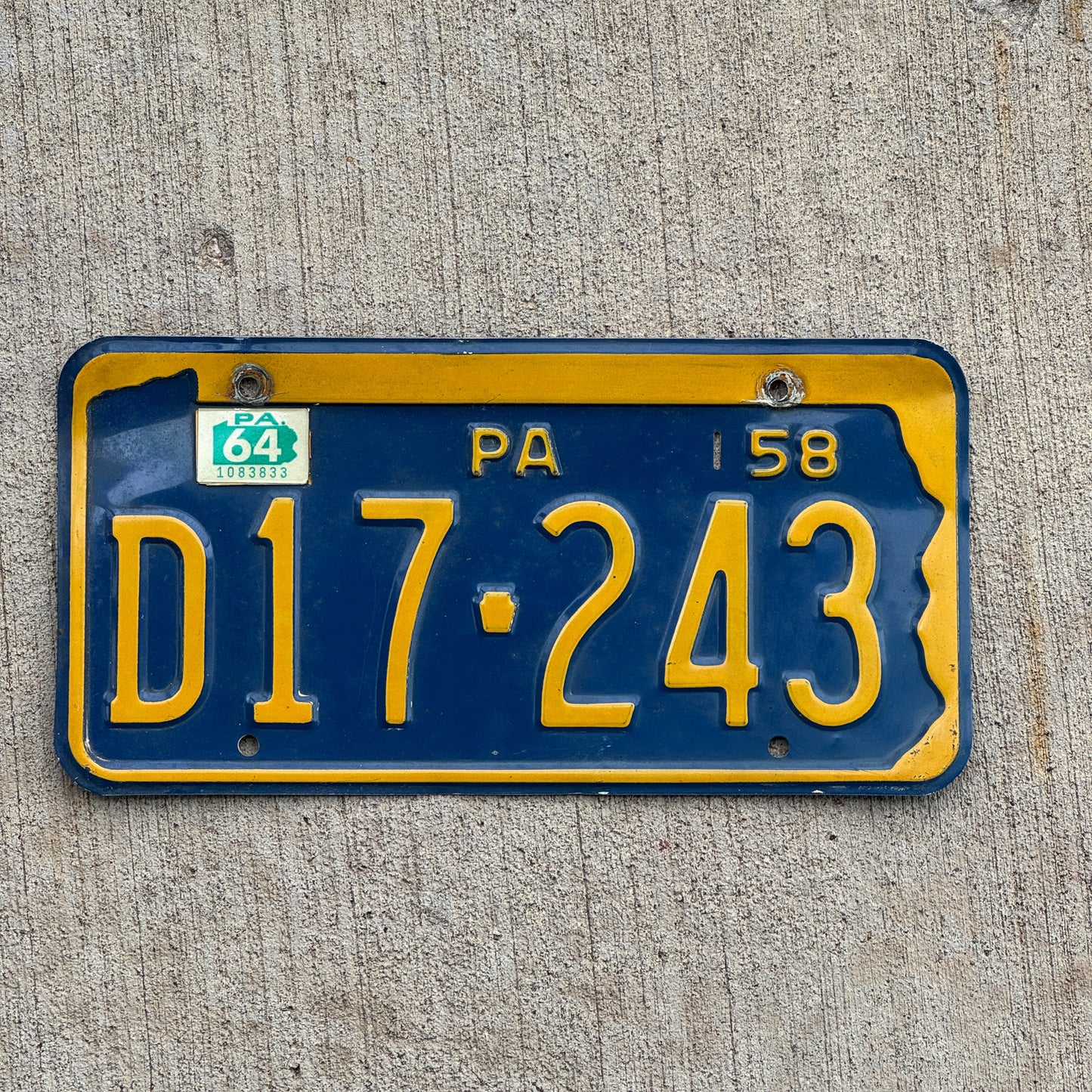 Photo of a 1958 1964 Pennsylvania License Plate Auto Tag Garage Decor Vintage D17 243 with original patina