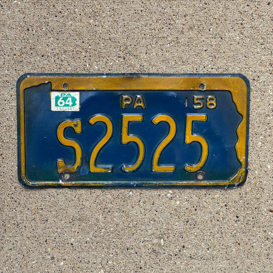 Photo of a 1958 1964 Pennsylvania License Plate Auto Tag Garage Decor Vintage S 2525 with original patina