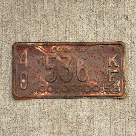 Photo of a 1958 Colorado Farm Truck License Plate Auto Tag 1 Vintage 40 536 KF with original patina