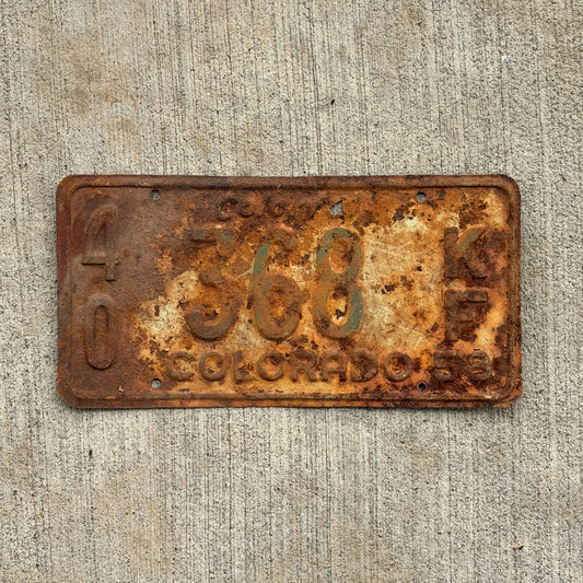 Photo of a 1958 Colorado Farm Truck License Plate Auto Tag Garage Decor Vintage 40 368 KF with original patina