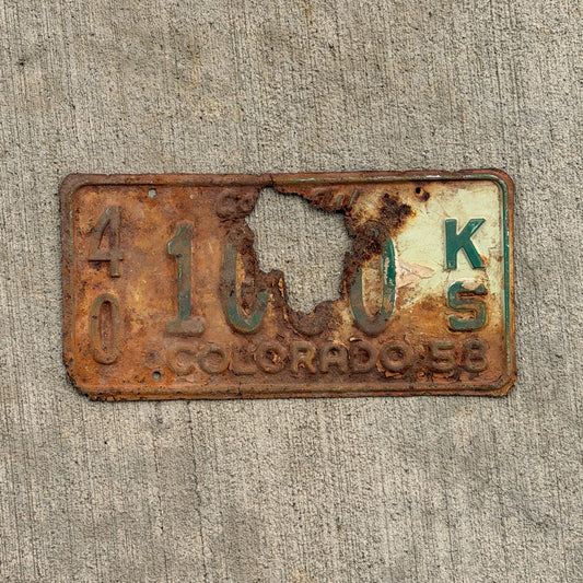 Photo of a 1958 Colorado Truck License Plate Auto Tag Garage Decor Vintage 40 1000 KS with original patina