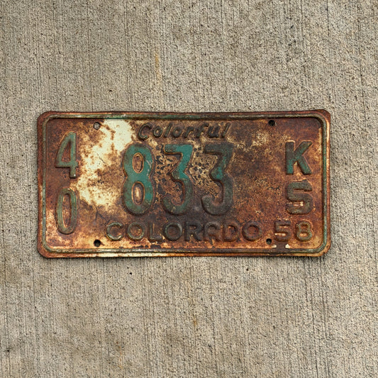 Photo of a 1958 Colorado Truck License Plate Auto Tag Garage Decor Vintage 40 833 KS with original patina