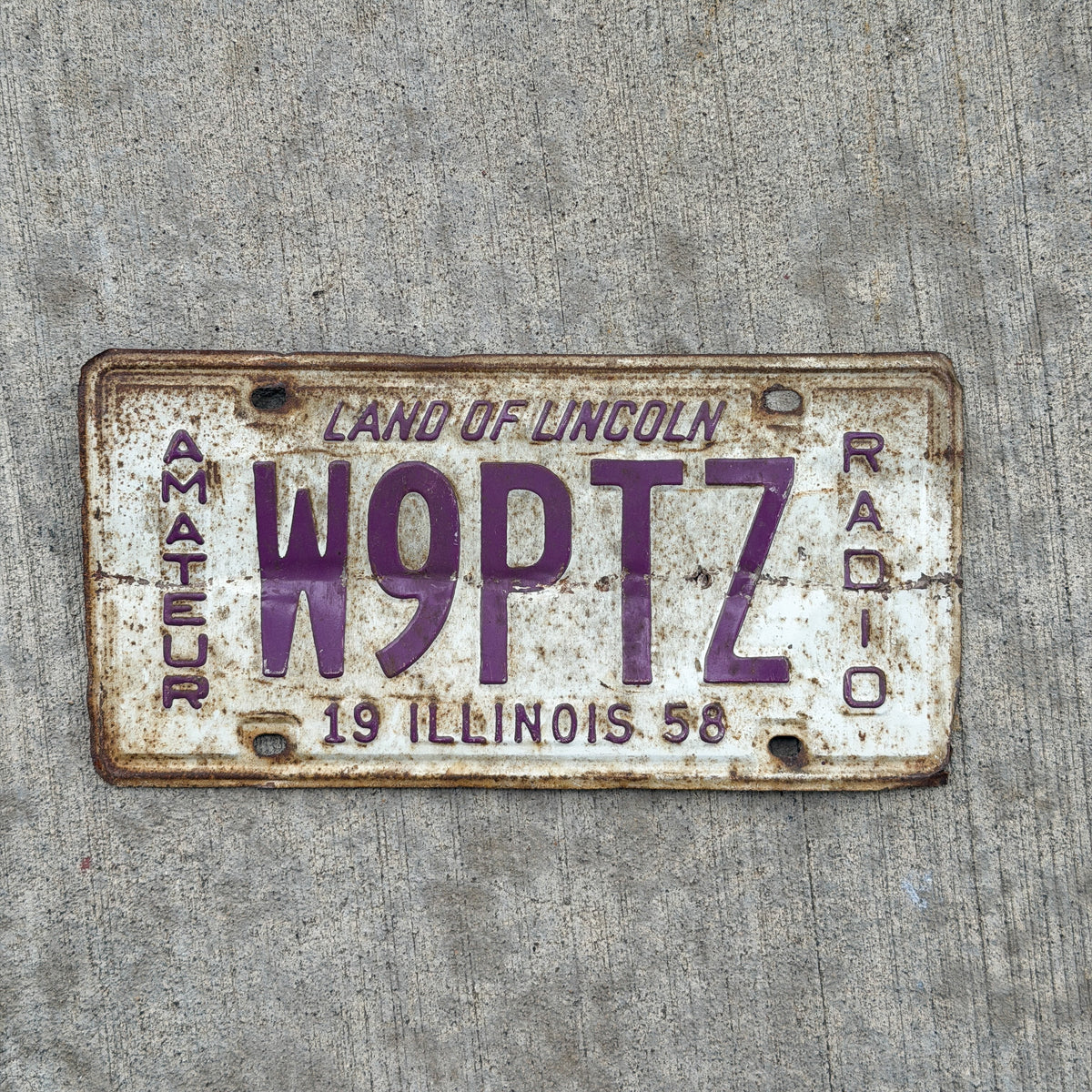 Photo of a 1958 Illinois Amateur Radio License Plate Auto Tag Garage Decor Vintage W9PTZ with original patina