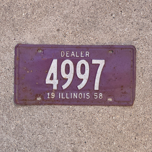 Photo of a 1958 Illinois Dealer License Plate Auto Tag Garage Decor Vintage 4997 with original patina