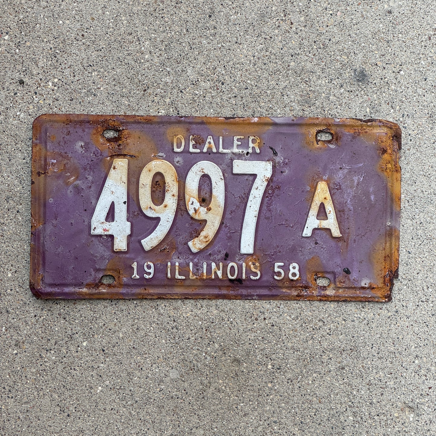 Photo of a 1958 Illinois Dealer License Plate Auto Tag Garage Decor Vintage 4997 A with original patina
