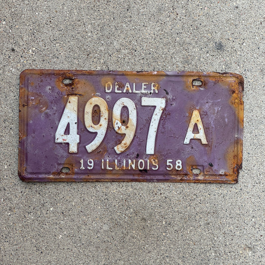 Photo of a 1958 Illinois Dealer License Plate Auto Tag Garage Decor Vintage 4997 A with original patina