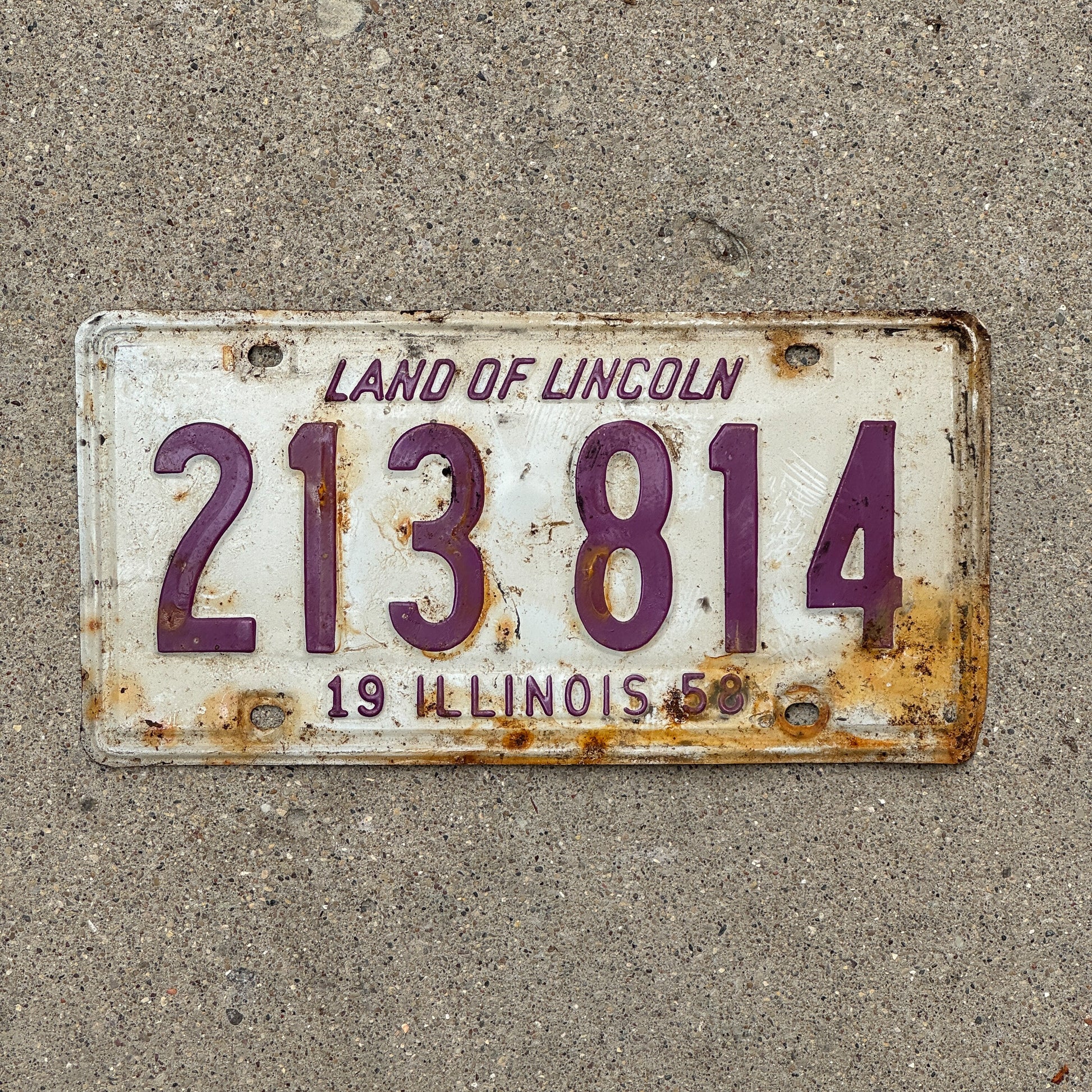 Photo of a 1958 Illinois License Plate Auto Tag 1 Vintage Garage 213 814 with original patina