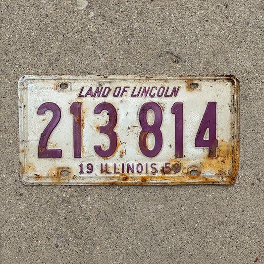 Photo of a 1958 Illinois License Plate Auto Tag 1 Vintage Garage 213 814 with original patina