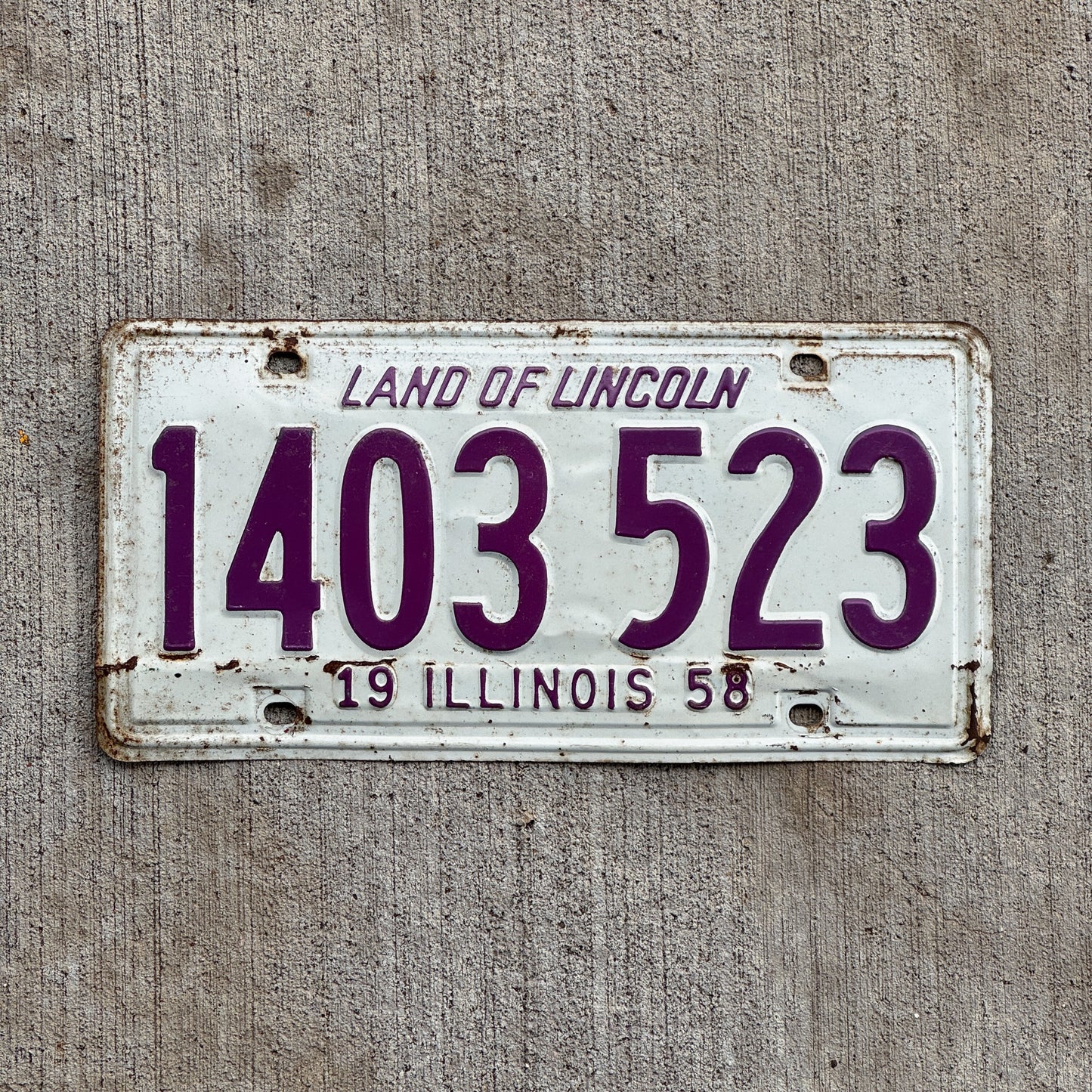 Photo of a 1958 Illinois License Plate Auto Tag Garage Decor Vintage 1 403 523 with original patina
