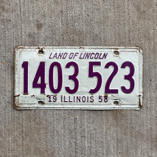 Photo of a 1958 Illinois License Plate Auto Tag Garage Decor Vintage 1 403 523 with original patina