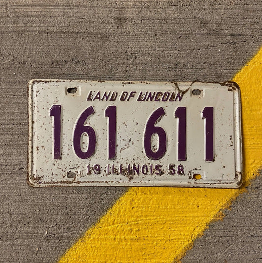 Photo of a 1958 Illinois License Plate Auto Tag Garage Decor Vintage 161 611 with original patina
