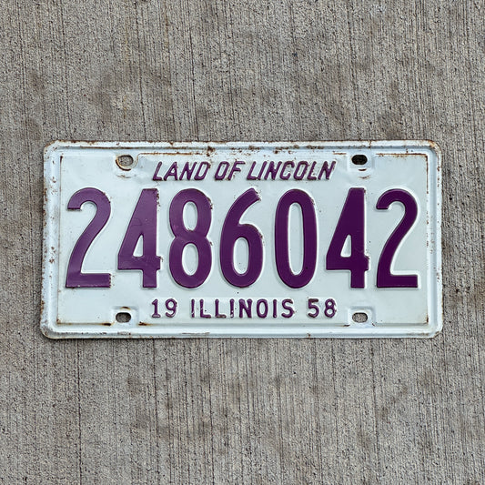 Photo of a 1958 Illinois License Plate Auto Tag Garage Decor Vintage 2 486 042 with original patina