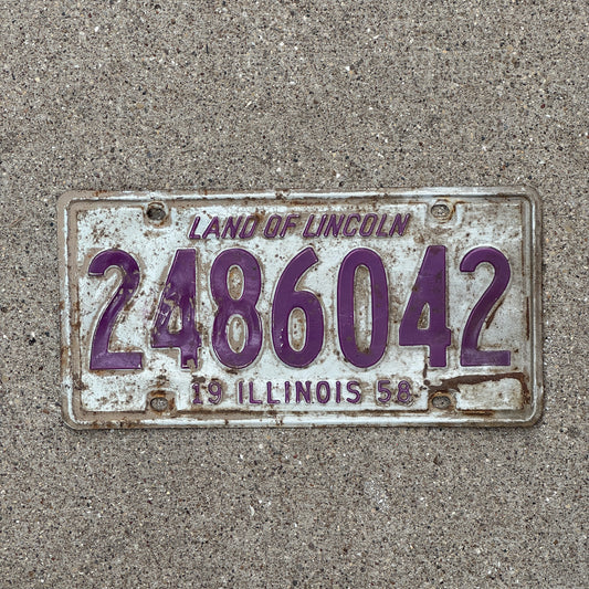 Photo of a 1958 Illinois License Plate Auto Tag Garage Decor Vintage 2 486 042 with original patina
